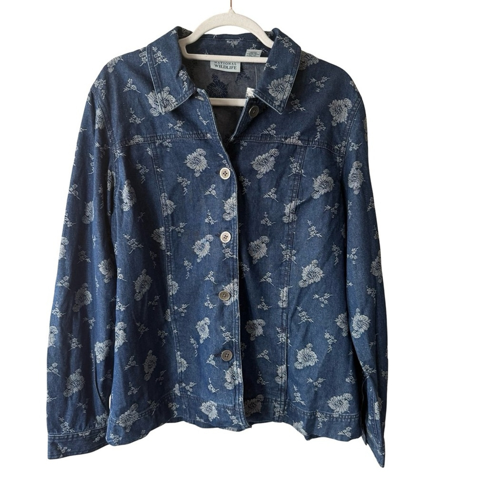 National Wildlife Women's Blue Floral Jean Jacket Size XL Boho Vintage Style